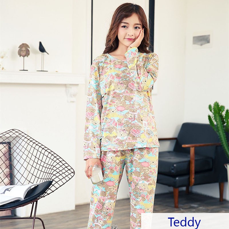 Autumn Long Sleeve Cute Cartoon Animal Print Milk Fiber Sleepwear Women Pajama Set Home Clothing