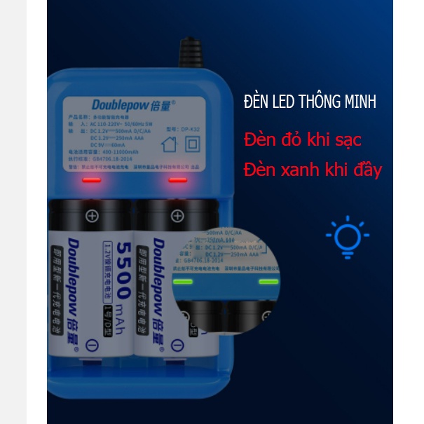 Combo Bộ sạc DP-K32 và 02 viên pin đại D 5500mAh - Bộ sạc pin thông minh tự ngắt báo đèn khi đầy chính hãng Doublepow