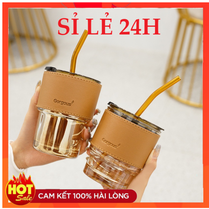 [Hàng Mới] Ly thủy tinh uống nước (kèm Vỏ da + Nắp + Ống Hút) màu hổ phách chịu nhiệt nóng lạnh 400ml