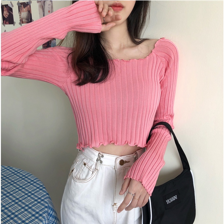 Áo Croptop Sweater Dài Tay Với Thiết Kế Hở Eo Xinh Xắn Dành Cho Nữ 9308