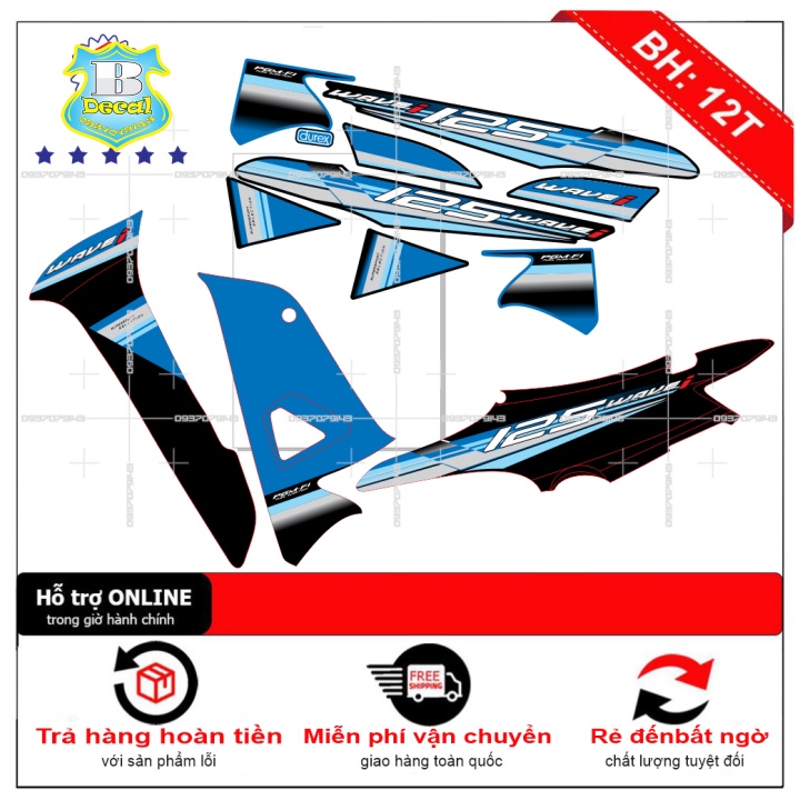 ( Quí khách vui lòng mang ra tiệm cho thợ dán ) Tem wave a 2016 chế 125 xanh đen zola