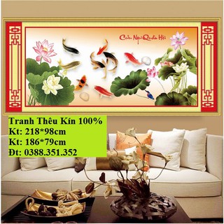 tranh thêu chữ thập cá chép hoa sen cửu ngư quần hội kt 218x98cm