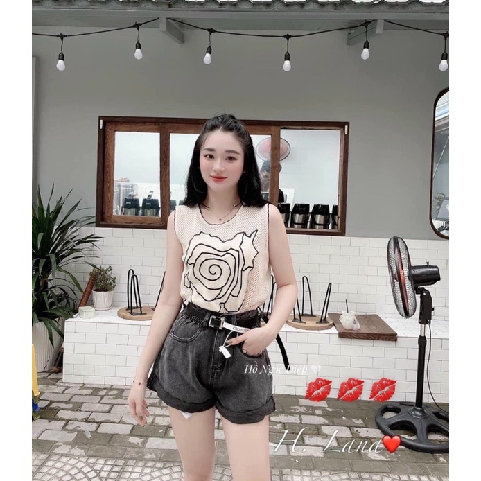 Áo len hoa sát nách viền đen, kèm ảnh thật chụp sàn