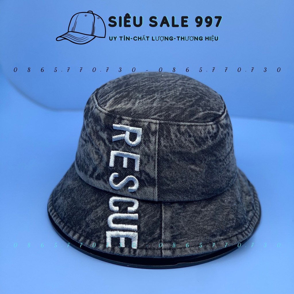 MŨ BUCKET RESCUE CHẤT JEAN THÊU CHỮ  DỌC THỜI TRANG HOT HIT NAM NỮ CAO CẤP