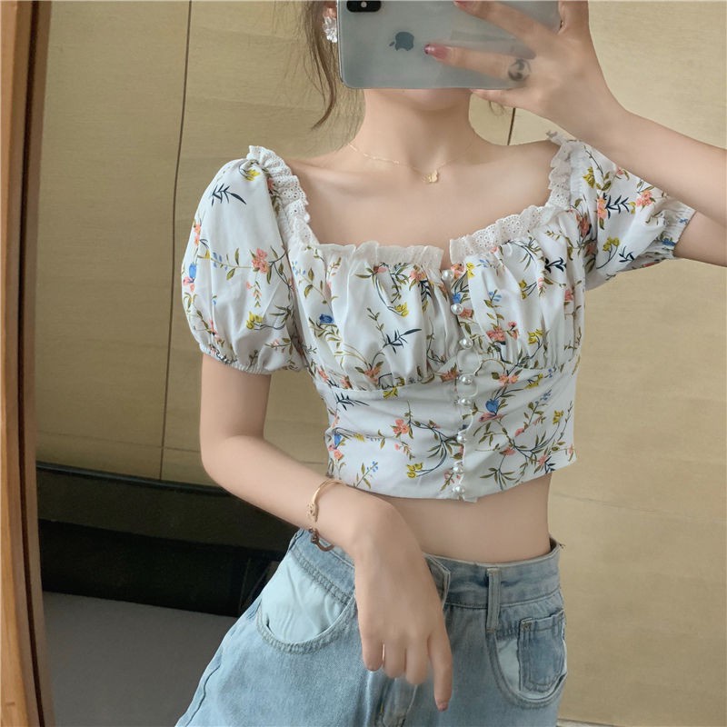Áo Sơ Mi Ngắn Tay Cổ Vuông In Hoa Kiểu Retro Pháp Thời Trang Mùa Hè Mới Cho Nữ 2021
