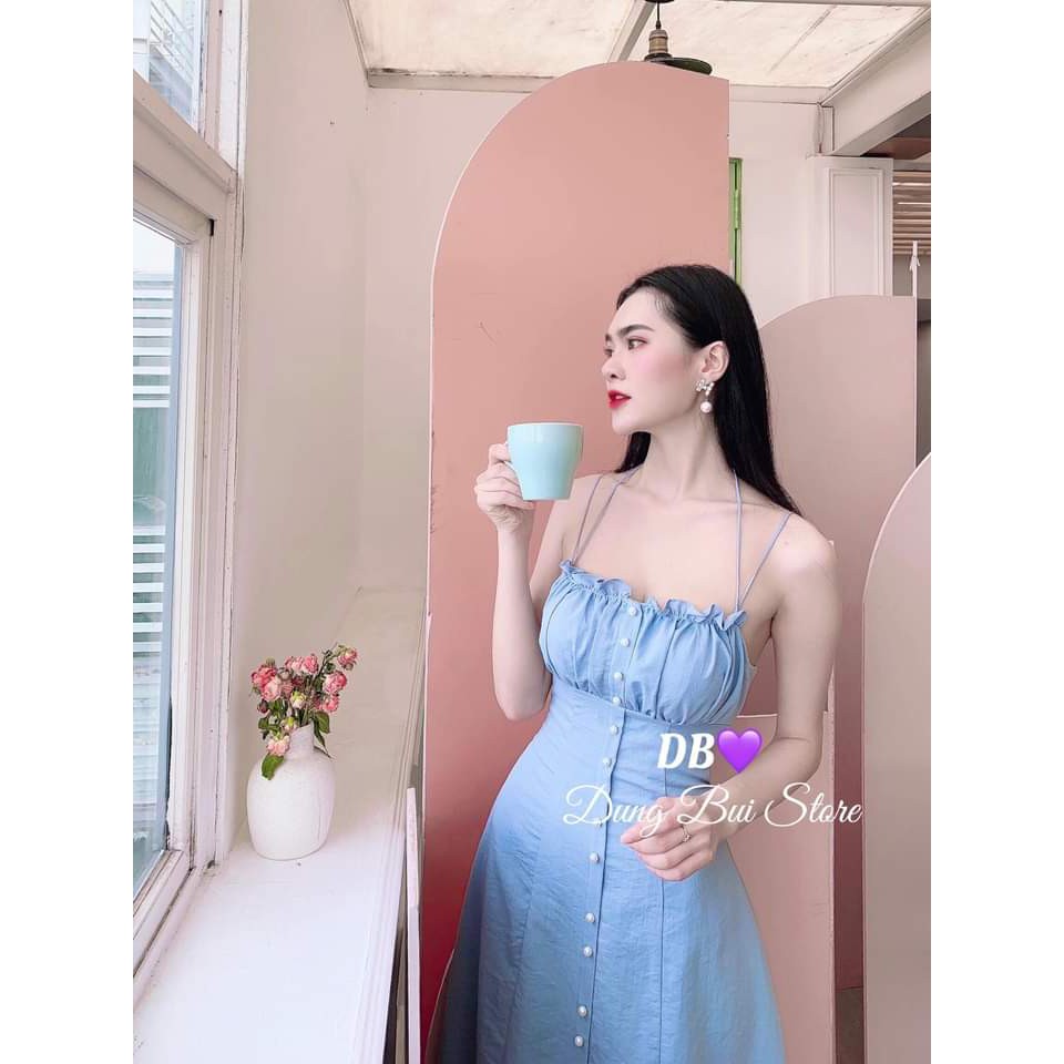 ĐẦM 2 DÂY - VÁY XANH HỒNG XÒE – THIẾT KẾ ÔM – GD0101
