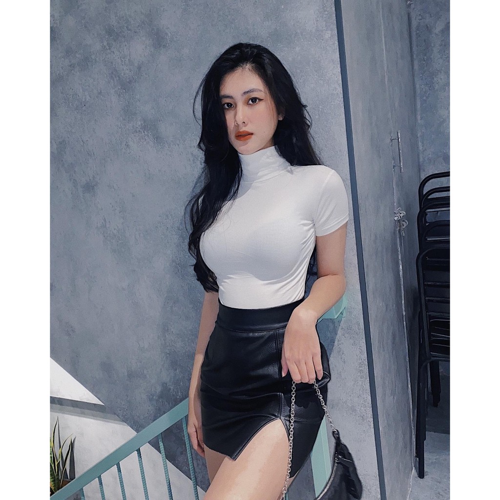 Áo croptop nữ tay ngắn HHVINTAGE kiểu cổ lọ thun co giãn Top A46