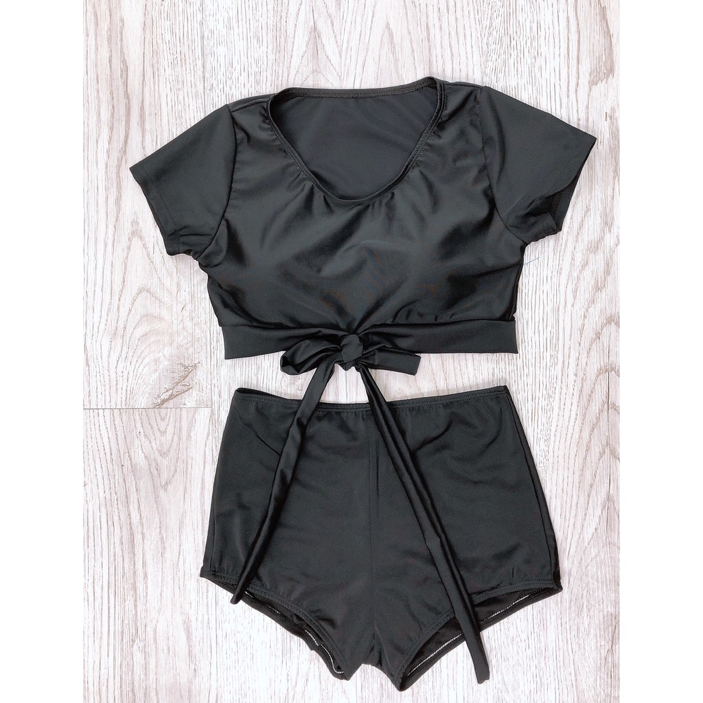 Bikini hai mảnh cộc tay đen kín đáo đẹp mặc đi biển đi bơi ( Đảm bảo 100% như hình)