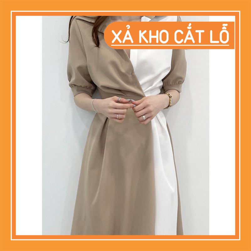 [Quần Áo Hot] Đầm sơ mi cổ bẻ dài tay phối 2 màu đính khuy thắt eo xòe dài nhẹ nhàng thanh lịch | BigBuy360 - bigbuy360.vn