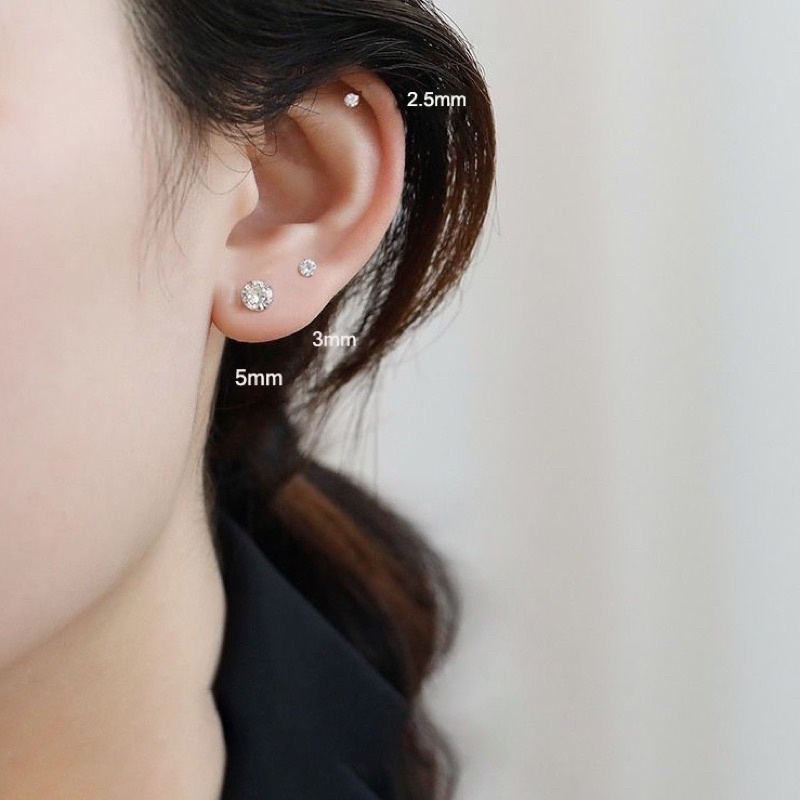 Bông Tai Bạc đính Đá CZ 6A Chuẩn 120 Lát Cắt Siêu Lấp Lánh Không ố Không mờ Khuyên Nụ Trắng Đen Đơn Giản