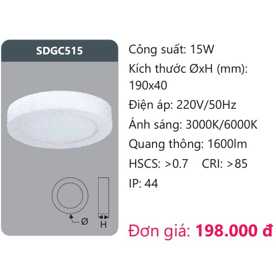 ĐÈN LED DUHAL ỐP TRẦN TRÒN 15W SDGC515 KDGC515