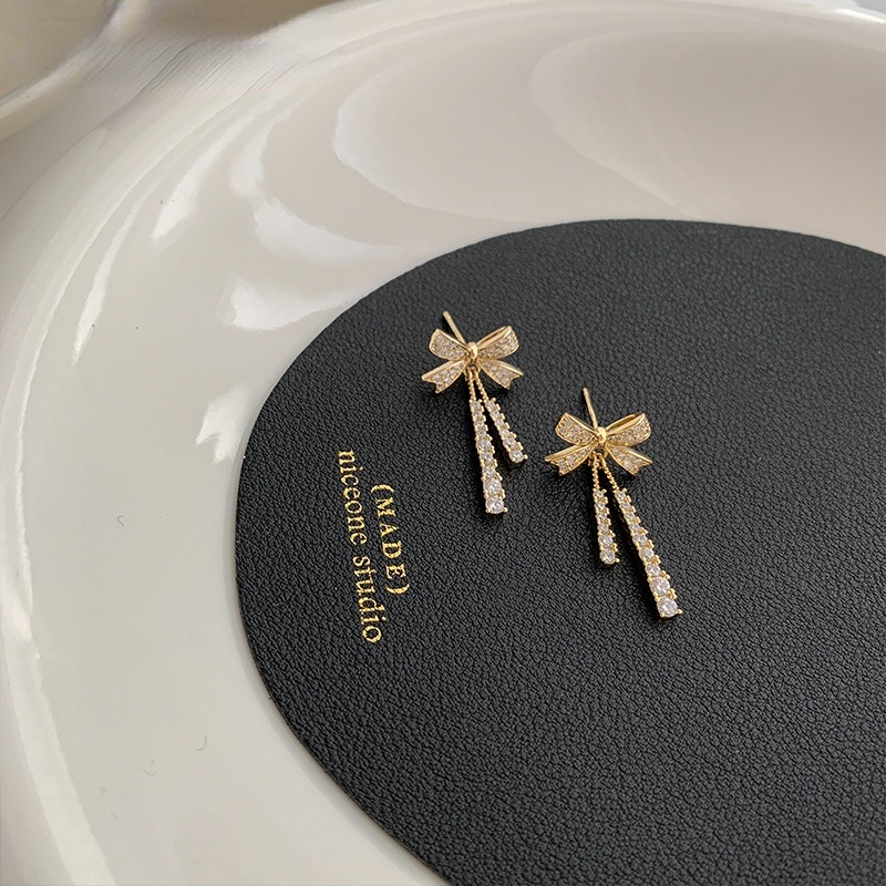 Bông Tai Mạ Bạc 925 Hình Nơ Tua Rua Đính Đá Thời Trang Hàn Quốc Cho Nữ