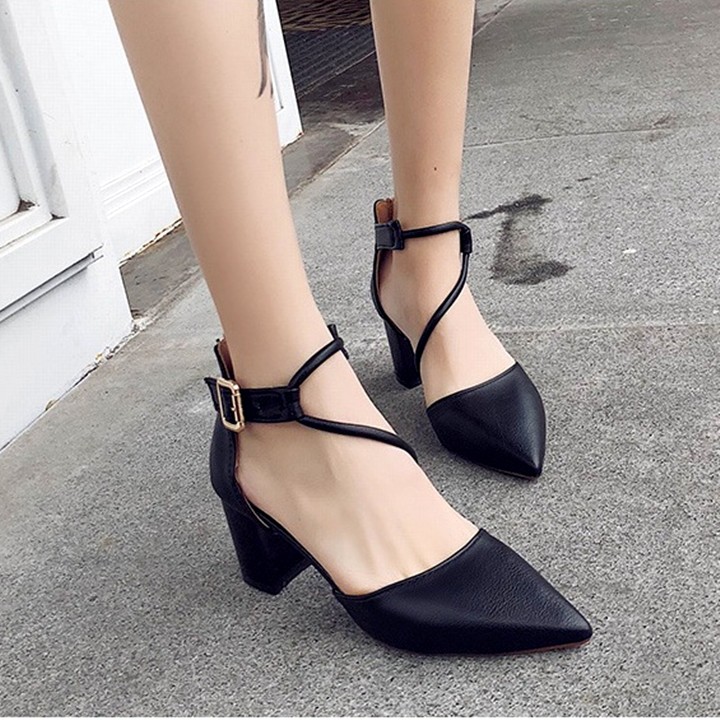 Giày cao gót nữ mũi nhọn bít mũi gót thô 7cm quai hậu cách điệu C25n
