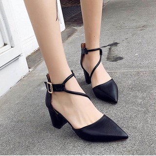 Giày cao gót nữ mũi nhọn bít mũi gót thô 7cm quai hậu cách điệu C25n