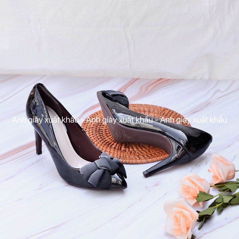 CG70 - Giày cao gót da bóng gót nhọn 7p nơ lụa to cực xinh ( ảnh thật, kèm video)
