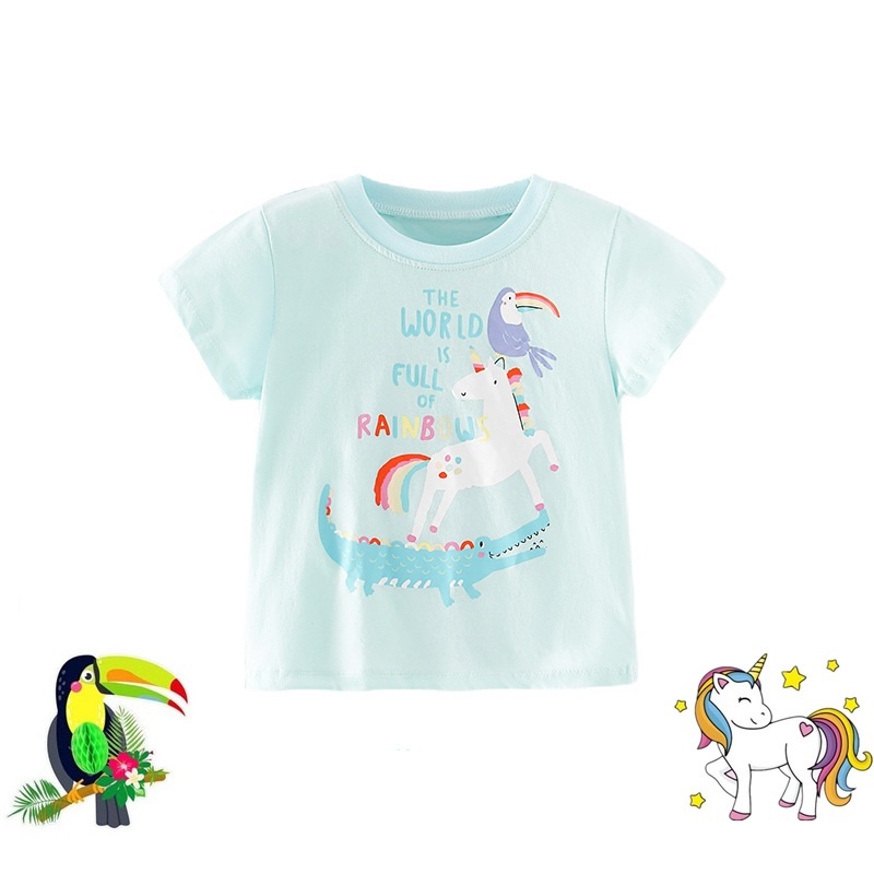 Áo Thun Cotton Tay Ngắn Cổ Tròn In Hình Kỳ Lân Dễ Thương Dành Cho Bé Gái