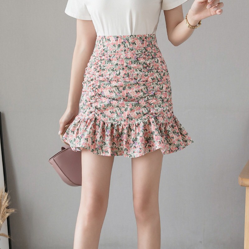 💃Chân Váy Nữ Hoa Nhí Nhúm Hông Vạt Bèo 3 màu | BigBuy360 - bigbuy360.vn