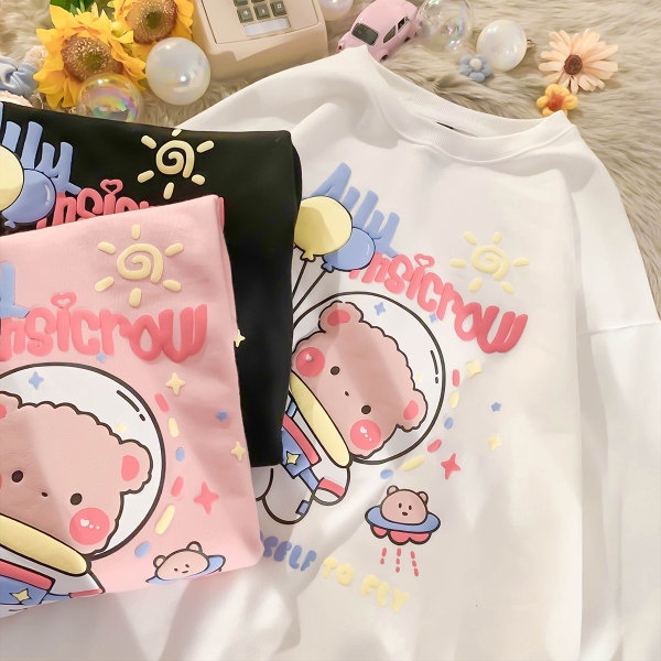 【ZHELIHANGFEI】Áo Thun Tay Dài Dáng Rộng In Hình Gấu Phi Hành Gia Dễ Phối Đồ