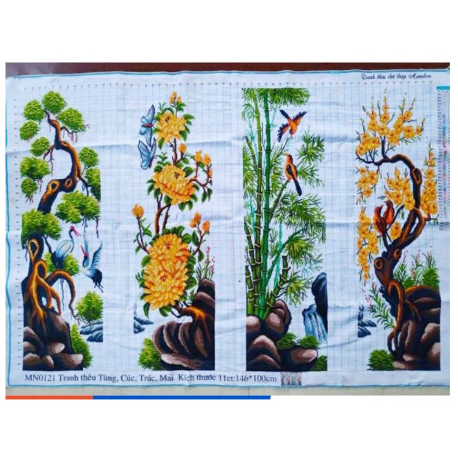 Tranh thêu tứ quý xuân hạ thu đông Mn0121 (35 x 100 x 4 cm) - tự thêu - thêu thường