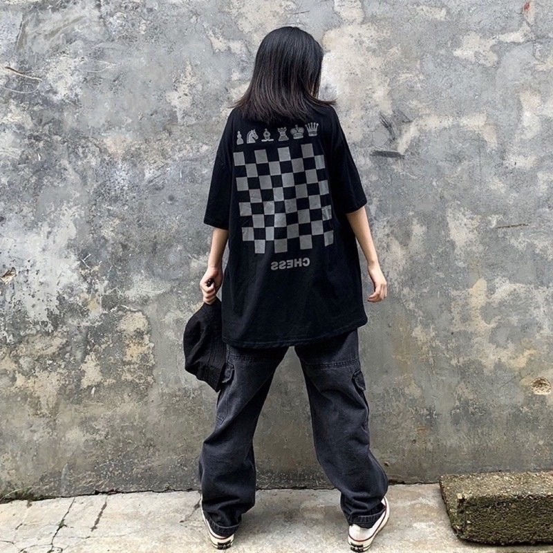 Áo thun phông logo tay nam nữ PINK tay lỡ form rộng BÀN CỜ Unisex