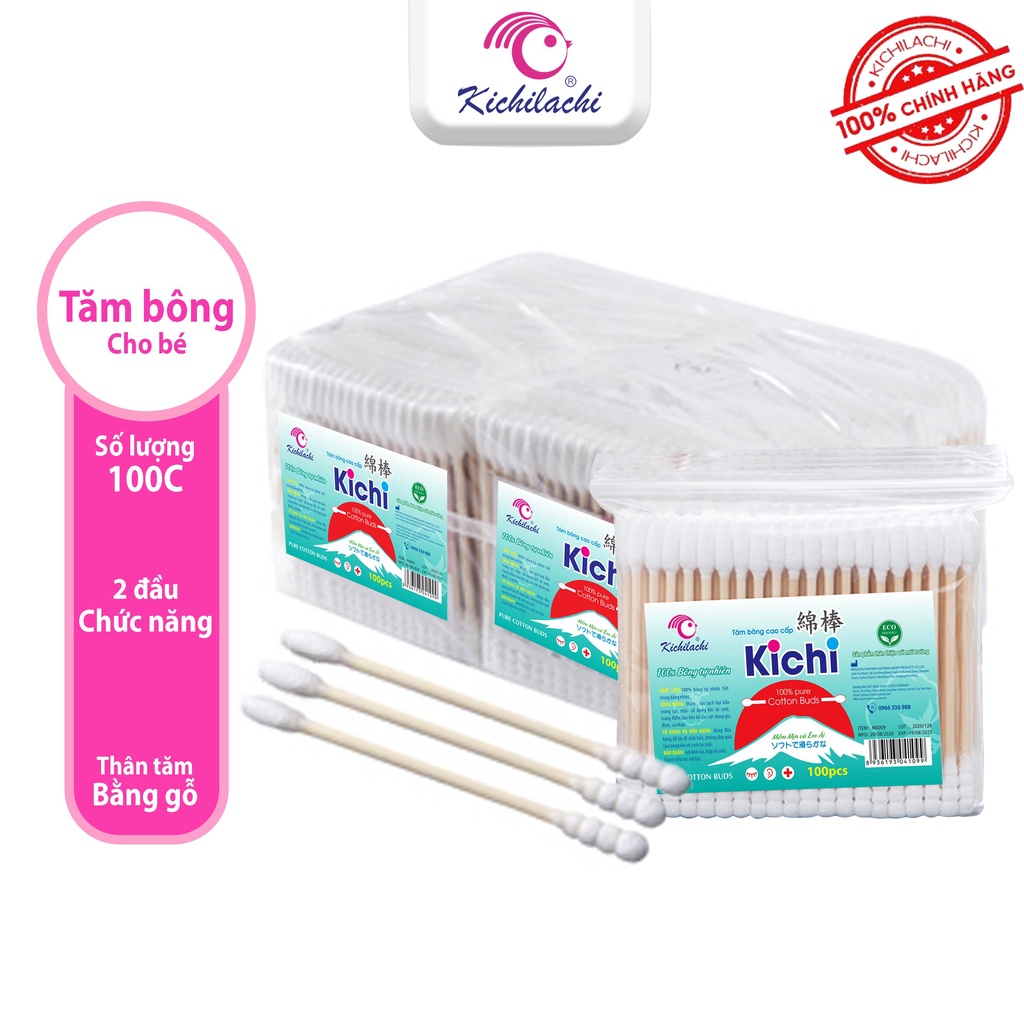 Tăm Bông Gói Kichi 100pcs Que Gỗ 100% Cotton Cao Cấp Người Lớn