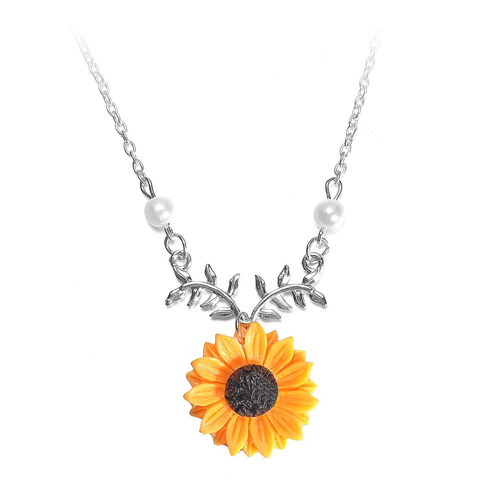 Bộ Dây Chuyền + Bông Tai Hình Hoa Hướng Dương Có Đính Ngọc Trai Giả