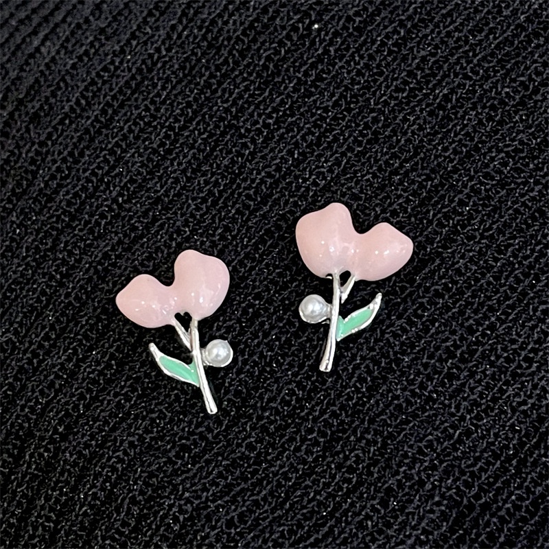 Bông Tai Mạ Bạc 925 Hình Hoa Tulip Hồng Thời Trang