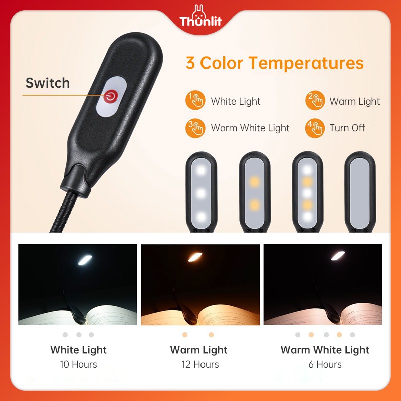 Đèn LED Thunlit 3 màu thay đổi theo nhiệt độ sạc USB tiện dụng