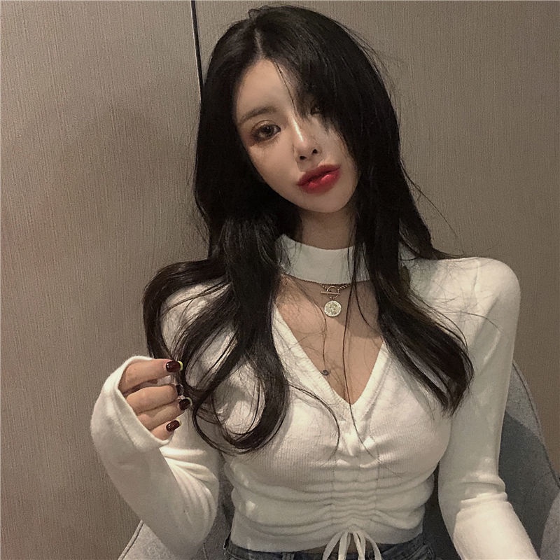 Áo croptop len dệt kim dây rút xanh Blue khoét cổ quyến rũ mẫu 2021 | BigBuy360 - bigbuy360.vn