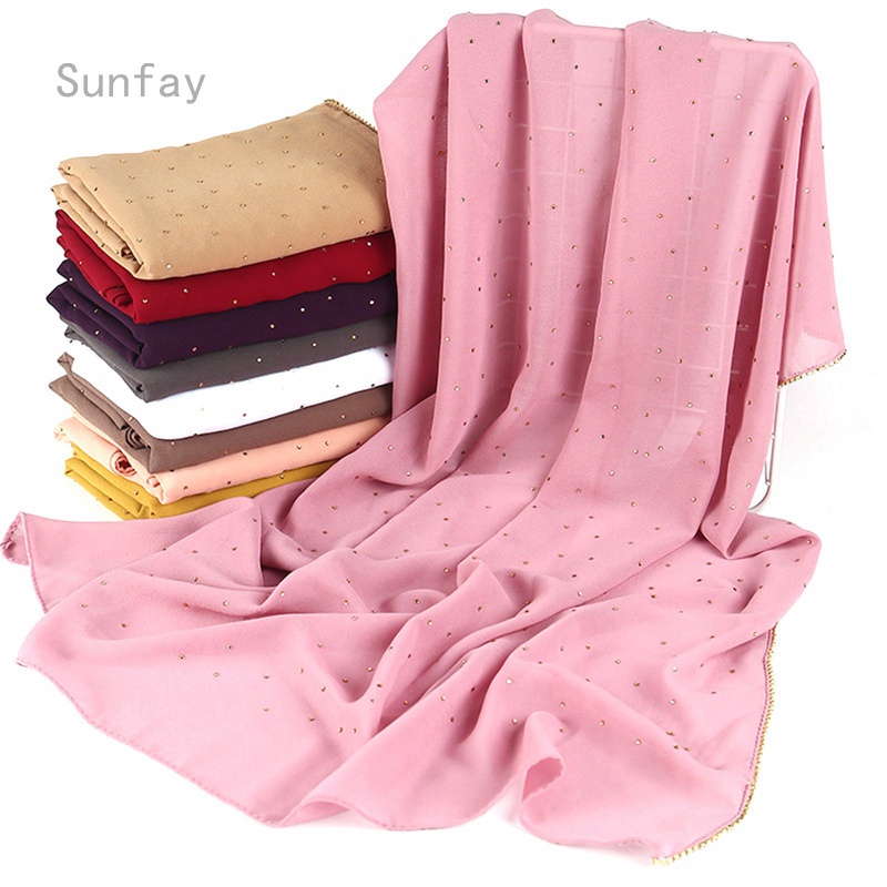 Khăn choàng chiffon đính đá ngọc trai nhân tạo phong cách Hồi giáo