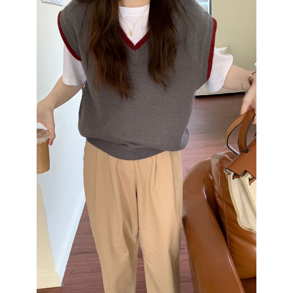 Áo sweater dệt kim cổ v dáng rộng màu tương phản thời trang cho nữ 45672