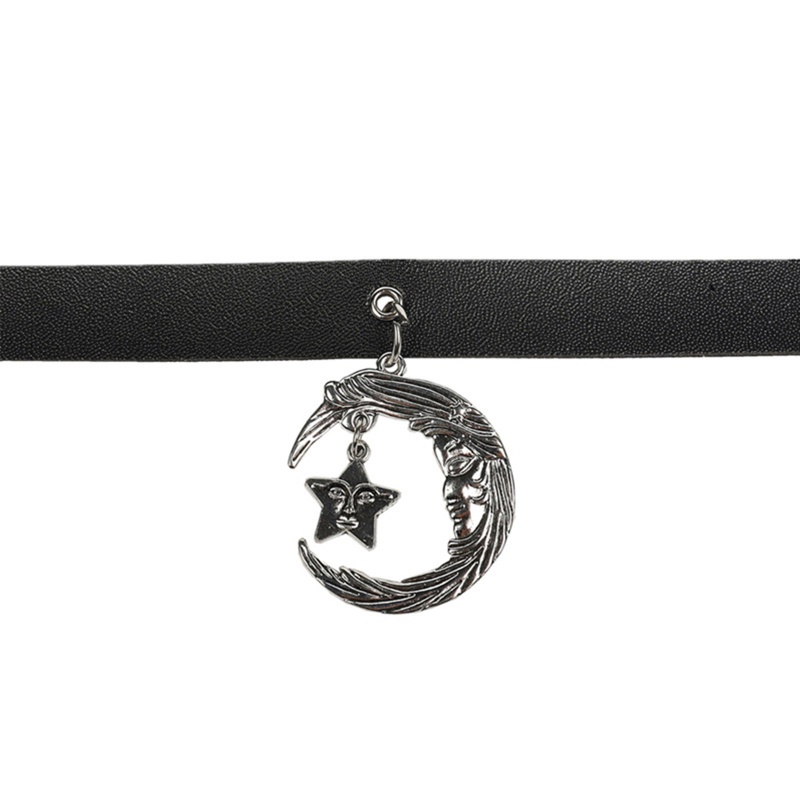 Vòng Cổ Choker Bằng Da Pu Màu Đen Điều Chỉnh Được Mặt Trăng Và Ngôi Sao