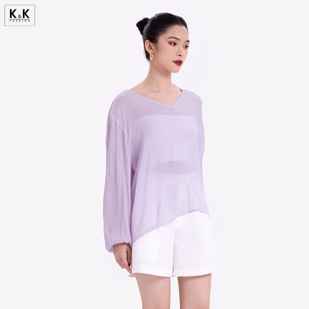 Áo Kiểu Cổ Tim K&amp;K Fashion ASM08-25 Tay Dài Chất Liệu Xốp Gân