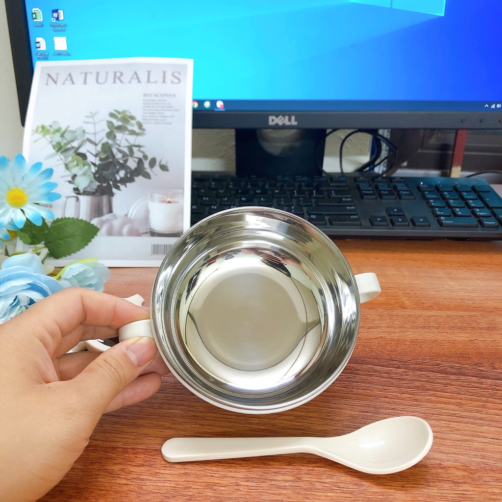 Bát ăn dặm giữ nhiệt  2 lớp ruột inox kèm thìa có tai cầm cho bé hàng loại đẹp