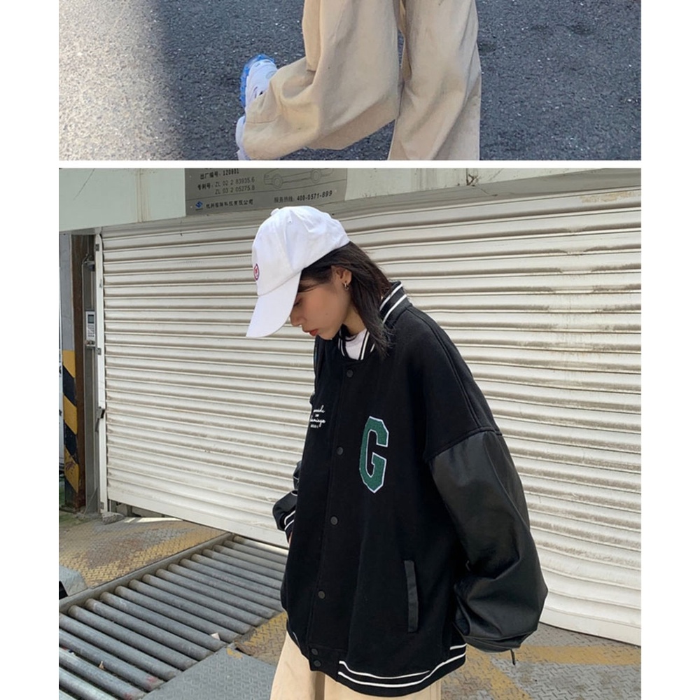 [Có Video+Ảnh Thật] Áo Khoác Bomber Chữ G Xanh Tay Phối Da, Áo Nỉ Cotton Nam Nữ Form Rộng Anne Boutique Mã 258