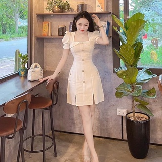 Đầm thiết kế LINH RUBI STORE dáng xòe A ngắn ngực bẻ cổ vuông tay bồng khuy đính xẻ nhẹ gấu váy V473