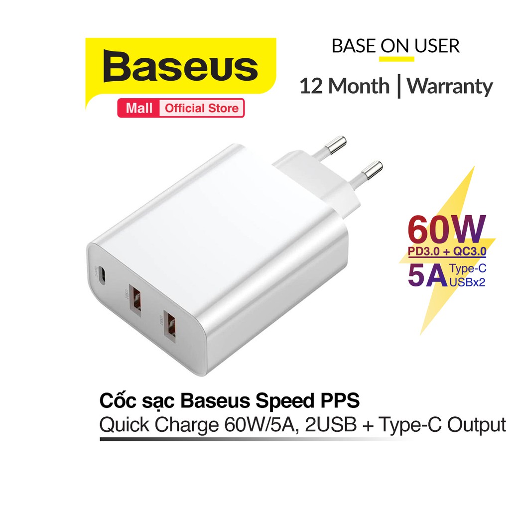 Cốc sạc nhanh đa năng Baseus Speed PPS Three output, 2USB + Type-C,  (PD3.0 + QC3.0 Quick Charge) hỗ trợ sạc nhanh 5A