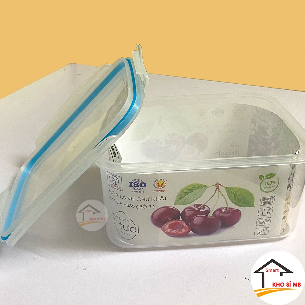 set 3 hộp nhựa đựng thực phẩm tủ lanh có nắp, hộp nhựa Việt Nhật vuông trong suốt đựng cơm, đồ ăn,  dùng được lò vi sóng