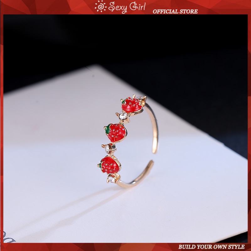 Nhẫn dáng hở có thể điều chỉnh được hoạ tiết dâu tây phong cách Hàn Quốc thời trang dự tiệc cho phụ nữ