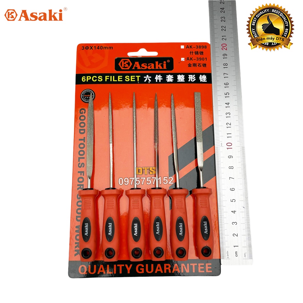 Bộ dũa kim cương mài kim loại 3x140mm Asaki AK-3901 bộ 6 giũa mài đa năng thép carbon T2 chống mài mòn, dũa mini cao cấp