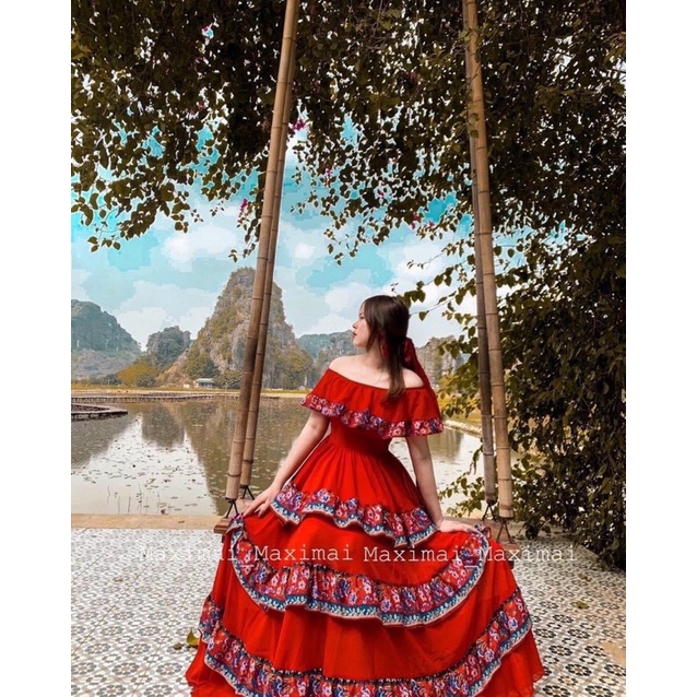 Đầm maxi lụa tầng bẹt vai viền thổ cẩm Đỏ Xanh Váy đi chơi dạo phố du lịch Đà Lạt đi biển hotgirl tk dễ thương sexy cute