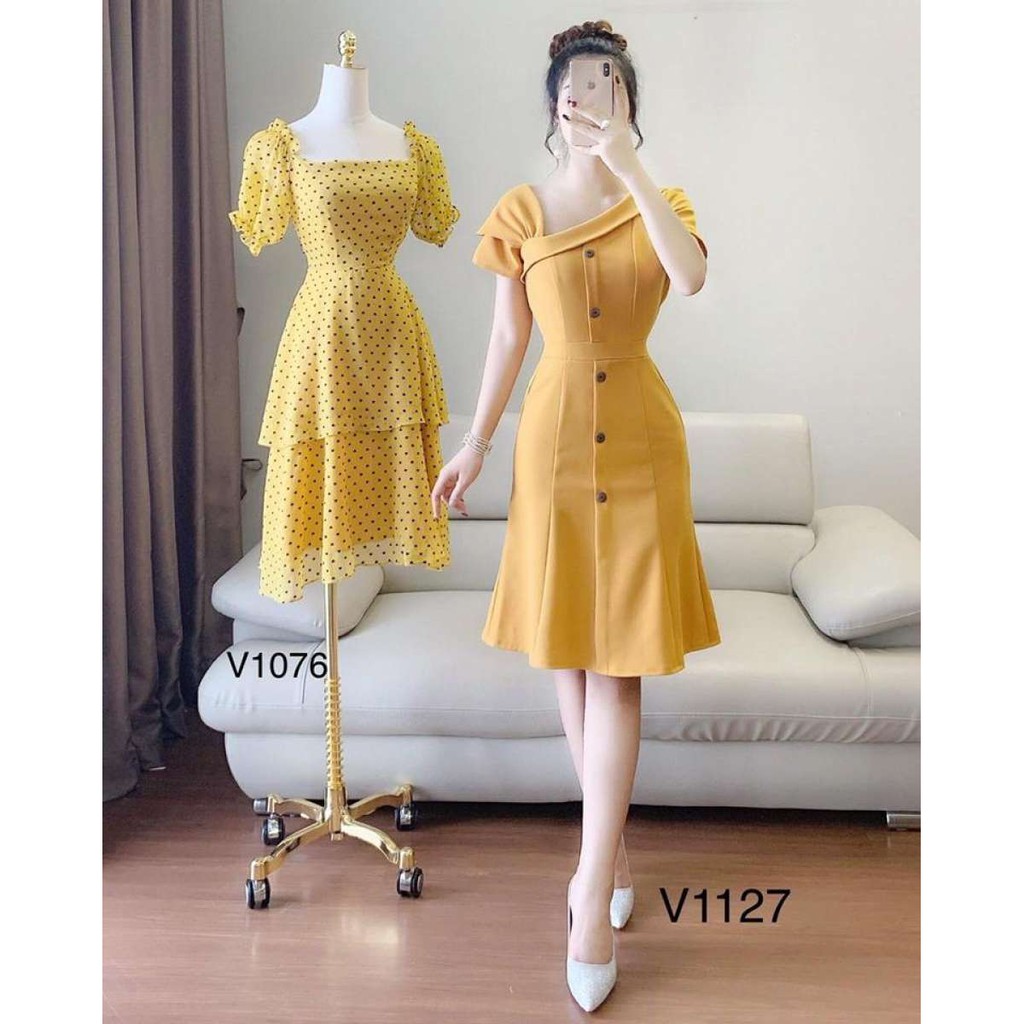 Đầm Nữ Lệch Vai Cá Tính Đính Nút Thới Trang Ribisachi