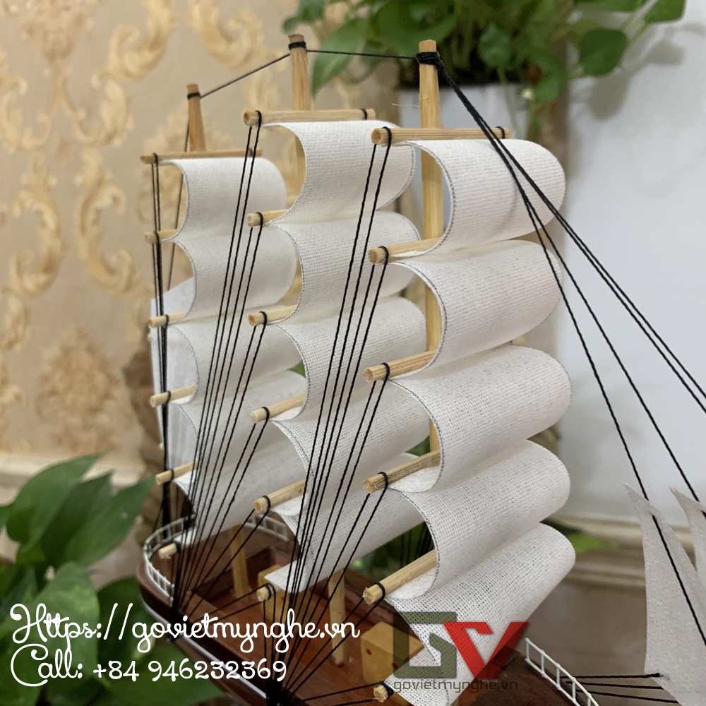 [Sẵn sàng trưng bày] Thuyền gỗ mô hình trang trí phong thủy thuận buồm xuôi gió - LeBelem Pháp Dài 20cm - Buồm vải trắng