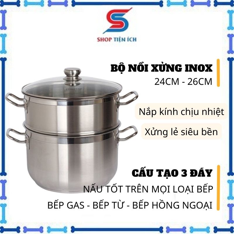 Nồi hấp 2 tầng inox Fivestar 3 đáy 24,26cm nắp kính dùng bếp từ -Shop Tiện Ích