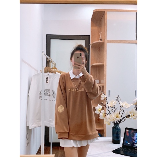 Áo sweater cam đất unisex dáng rộng in chữ tay xinh xỉu