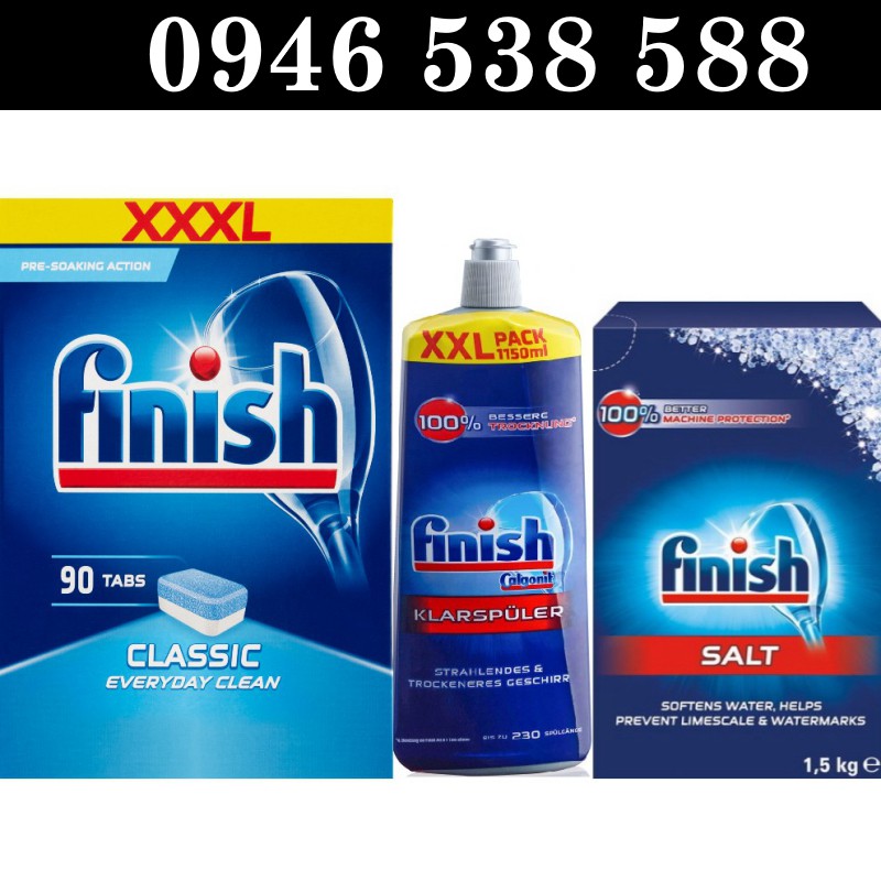 Combo Viên rửa bát Finish 90 tabs + Muối Finish 1.5kg + Nước làm bóng finish 1150ml Finish.edu.vn