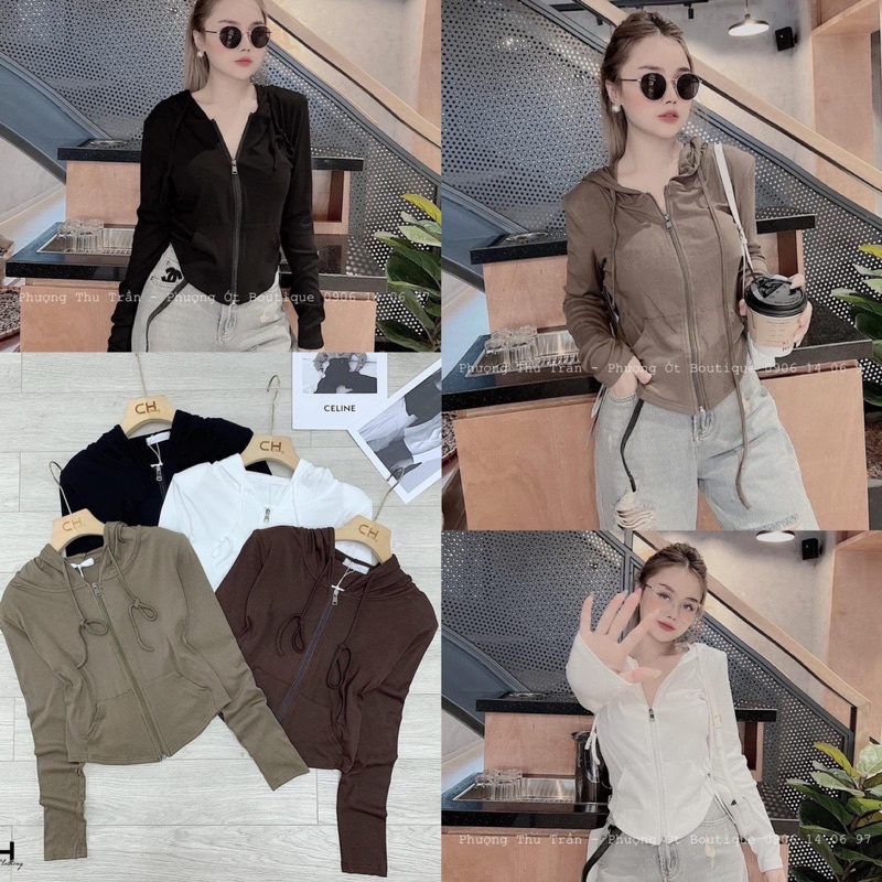 Áo khoác len tăm rút dây túi trước kéo khoá có mũ