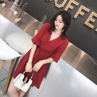 Đầm voan cổV dáng xòe thắt eo-ORDER