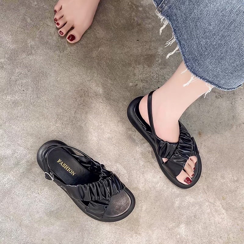 Sandal Uzzang Quai Chéo Nhún Bánh Bèo , Đế Mềm , Dẻo , Êm Chân