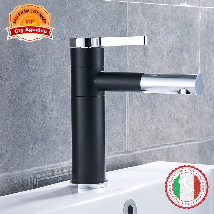 Vòi Lavabo nóng lạnh (Bóng kính, MÀU ĐEN, chân vừa) + 2 dây cấp - Siêu cấp ITALIA